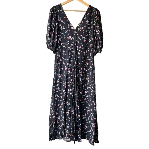 GANNI Elm Georgette Midi Dress Black/Pink Floral Size 2 - Picture 5 of 14